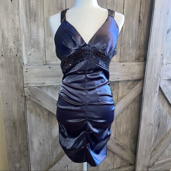 Bee Darlin Cocktail Party Ruched Bodycon Satin Sequin Dress - Picture 1 of 6